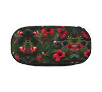 HJLUUFT Borsa per cosmetici con stampa di ibisco con fiori rossi e colibrì, astuccio per matite kawaii, borsa organizer con cerniera