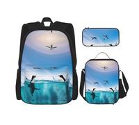 HJLUUFT Happy Penguin in the water - Set di 3 zaini, grande borsa per la scuola con portapranzo e astuccio, elegante e pratico