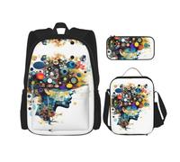 HJLUUFT Intelligenza Artificiale Stampa Cervello 3pcs Zaino Set - Spazioso zaino scuola con borsa pranzo e astuccio - Elegante e pratico