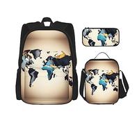 HJLUUFT Pratico set di 3 zaini con mappa del mondo astratta, grande borsa per la scuola con portapranzo e astuccio per studenti, zaino e portapranzo