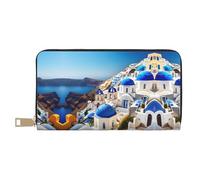 HJLUUFT Santorini - Portafoglio da donna con immagine dell'isola greca e vista sul mare, sottile e porta carte di credito, in finta pelle e cerniera in metallo sicura, bianco, Taglia unica, classico