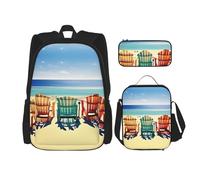 HJLUUFT Scena spiaggia con sedie Set di 3 zaini, grande borsa per la scuola con portapranzo e astuccio, set zaino, elegante e pratico