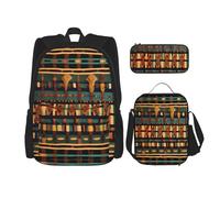 HJLUUFT Set di 3 zaini africani con stampa classica intrecciata, spaziosa borsa per la scuola con borsa per il pranzo e astuccio, elegante e pratico