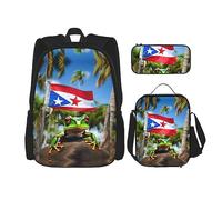 HJLUUFT Set di 3 zaini con bandiere di Porto Rico e palme, grande borsa per la scuola con portapranzo e astuccio, set di zaino, elegante e pratico