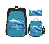 HJLUUFT Set di 3 zaini con delfino fuori dall'acqua, grande borsa per la scuola con portapranzo e astuccio, set zaino, elegante e pratico