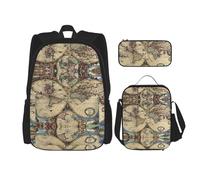 HJLUUFT Set di 3 zaini con mappa antica del mondo, spaziosa borsa per la scuola con borsa per il pranzo e astuccio, elegante e pratico