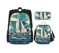 HJLUUFT Set di 3 zaini con stampa di barca a vela oceano, spaziosa borsa per la scuola con borsa per il pranzo e astuccio per matite - elegante e pratico