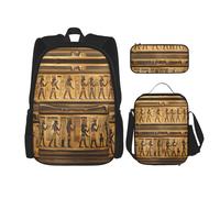 HJLUUFT Set di 3 zaini con stampa di geroglifici egiziani, spaziosa borsa per la scuola con borsa per il pranzo e astuccio, elegante e pratico