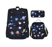 HJLUUFT Set di 3 zaini con stampa di pianeti, stelle e Via Lattea, spaziosa borsa per la scuola con borsa per il pranzo e astuccio, elegante e pratico