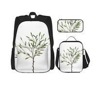 HJLUUFT Set di 3 zaini con stampa di ramoscello verde naturale bianco con motivo vegetale, spaziosa borsa per la scuola con borsa per il pranzo e astuccio, elegante e pratico