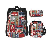 HJLUUFT Set di 3 zaini con stampa di simboli dell'Inghilterra, spaziosa borsa per la scuola con borsa per il pranzo e astuccio, elegante e pratico