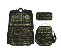 HJLUUFT Set di 3 zaini con stampa mimetica digitale militare, spaziosa borsa per la scuola con borsa per il pranzo e astuccio per matite, elegante e pratico