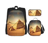 HJLUUFT Set di 3 zaini con stampa piramide egiziana nel deserto, spaziosa borsa per la scuola con borsa per il pranzo e astuccio - elegante e pratico