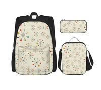 HJLUUFT Set di 3 zaini con stampa retrò moderna - spaziosa borsa per la scuola con borsa per il pranzo e astuccio - elegante e pratico