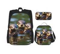 HJLUUFT Set di 3 zaini con tre lontre marroni, grande borsa per la scuola con portapranzo e astuccio, set zaino, elegante e pratico