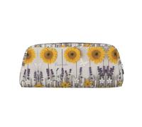 HJLUUFT Sunflowers on Wooden Leather Mezzo Round Portable Pen Case Travel Makeup - ideale per matite e trucchi e conservazione quotidiana