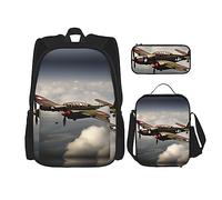 HJLUUFT World War 2 Airplane - Set di 3 zaini, grande borsa per la scuola con portapranzo e astuccio, set di zaino, elegante e pratico