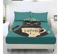 HJOSWVNS Lenzuolo con Angoli una Piazza e Mezza Lenzuola una Piazza e Mezza | Morbida Microfibres,Traspirante Lavabile,Altezza da 30cm,con 2 Federe Cuscini 50x75cm,Caffè Gatto Stelle 140x200x30cm
