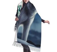 HJRT Sciarpa da donna per guerra mondiale, invernale, calda, con frange, alla moda, scialle lungo avvolgente, Lupo sotto la luna, Taglia unica