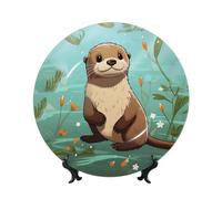 HJTRW Bone China Piatto decorativo Artigianato in ceramica Piatto decorativo con espositore Ornamento in ceramica Cartoon Carino Lontra Piatti rotondi da appendere alla parete per casa ufficio