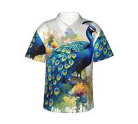 HJTRW Camicia hawaiana da uomo a maniche corte abbottonata camicie pavone pittura ad acquerello camicia da spiaggia bluse leggere, nero, L