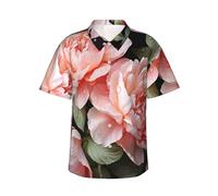 HJTRW Camicia hawaiana da uomo a maniche corte con bottoni e fiori di peonia rosa camicia da spiaggia bluse leggere, nero, XL