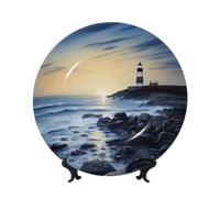 HJTRW Piatto decorativo in porcellana Bone China Art Crafts Piatto decorativo in ceramica con espositore Ornamento in ceramica Il faro del mare Piatti piani rotondi da appendere alla parete per casa