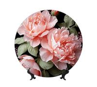 HJTRW Piatto decorativo in porcellana Bone China Art Crafts Piatto decorativo in ceramica con espositore Ornamento in ceramica Fiori di peonia Rose Piatti piani rotondi da appendere alla parete per