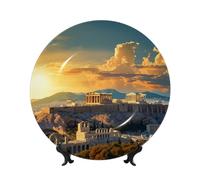HJTRW Piatto decorativo in porcellana Bone China Art Crafts Piatto decorativo in ceramica con espositore Ornamento in ceramica Acropoli paesaggio urbano Skyline Piatti piani rotondi da appendere alla