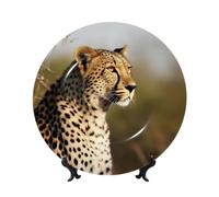 HJTRW Piatto decorativo in porcellana Bone China Art Crafts Piatto decorativo in ceramica con espositore Ornamento in ceramica Animale selvatico leopardo Piatti piani rotondi da appendere alla parete