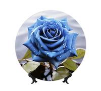 HJTRW Piatto decorativo in porcellana Bone China Art Crafts Piatto decorativo in ceramica con espositore Ornamento in ceramica Romantico rosa blu Piatti rotondi da appendere alla parete per casa