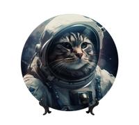 HJTRW Piatto decorativo in porcellana Bone China Art Crafts Piatto decorativo in ceramica con espositore Ornamento in ceramica Astronauta gatto nello spazio Piatti piani rotondi da appendere alla