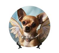 HJTRW Piatto decorativo in porcellana Bone China Art Crafts Piatto decorativo in ceramica con espositore ornamento in ceramica marrone Chihuahua ali d'angelo piatti rotondi da appendere alla parete