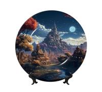 HJTRW Piatto decorativo in porcellana Bone China Art Crafts Piatto decorativo in ceramica con espositore Ornamento in ceramica Fantasy Town Piatti rotondi da appendere alla parete per casa ufficio