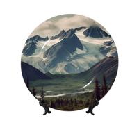 HJTRW Piatto decorativo in porcellana Bone China Art Crafts Piatto decorativo in ceramica con espositore Ornamento in ceramica Montagne dell'Alaska Piatti piani rotondi da appendere alla parete per