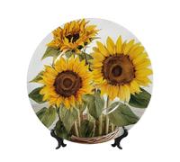 HJTRW Piatto decorativo in porcellana Bone China, piatto decorativo in ceramica con espositore, ornamento in ceramica, seducente girasoli, piatti rotondi estivi da appendere alla parete, per casa e
