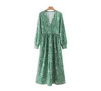 HJUGHPN Abiti da donna alla moda con bottoni stampa floreale abito midi plissettato vintage scollo a V maniche lunghe abiti da donna (taglia US) L