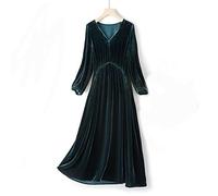 HJUGHPN Abiti da donna autunnali casual in velluto allentato abito vintage con scollo a V lungo abito da festa con volant vestidos verde (L)