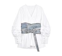 HJUGHPN Abiti da donna Autunno Sense Scollo a V Soffio Manica Lunga Vita Alta Con Denim Camicetta Donne Stile Ufficio Abbigliamento Femminile