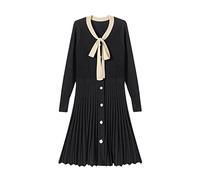 HJUGHPN Abiti da donna Bow Tie Collar Bead Button Abito lavorato a maglia Femminile Piccolo abito nero A-line pieghettato Mini abito