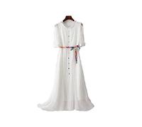HJUGHPN Abiti da donna estivi da donna in seta artificiale, elegante a maniche corte, abito da festa bianco, scollo casual, cintura colorata abito da donna (M)