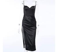 HJUGHPN Abiti da donna in seta nera abito sexy senza maniche alto orlo spaccato al ginocchio abito sottile estivo da festa da donna (L)