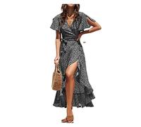 HJUGHPN Abiti da donna maxi abito estivo da spiaggia abito lungo in chiffon bohémien con stampa floreale da donna con volant avvolgente casual scollo a V abito da festa sexy
