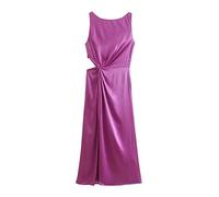 HJUGHPN Abiti da donna sexy raso sottile abito midi estate tinta unita senza maniche design nodo anteriore spacco laterale cerniera posteriore coulisse donna (S)