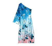 HJUGHPN Abiti da donna sexy sfumato stampa floreale casual abito asimmetrico femminile cerniera laterale diviso in morbido raso (XS)