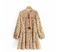 HJUGHPN Abito da donna alla moda, con pieghe elastiche, stampa floreale, casual, dritto, mini abito da donna, chic, scollo rotondo, con fiocco estivo (M)