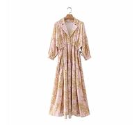 HJUGHPN Abito da donna alla moda con stampa di foglie in vita elastica abito midi da donna manica a tre quarti linea A (L)