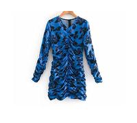 HJUGHPN Abito da donna con scollo a V e stampa floreale pieghettato slim mini abito da donna a maniche lunghe con cerniera posteriore (M)