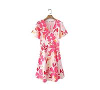 HJUGHPN Abito da donna elegante con scollo a V, maniche corte, stampa floreale, con lacci, mini abito estivo casual slim (rosa, L)