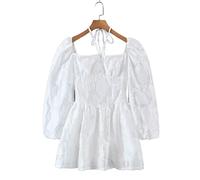 HJUGHPN Abito da donna elegante con scollo quadrato all'americana jacquard bianco abito manica a sbuffo da donna abito corto per feste (M)